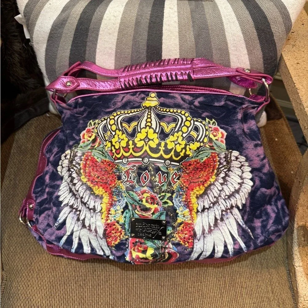 Rare Ed Hardy Large‎ Tye Dye Hobo Metallic Crystal Tattoo. Amazing NWOT